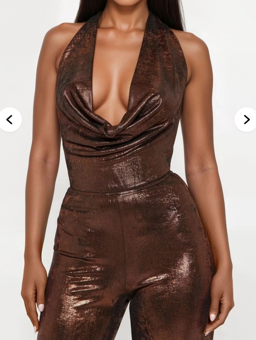 Fashion Nova Bronze Metallic Halter Jumpsuit - Picture 2 of 15